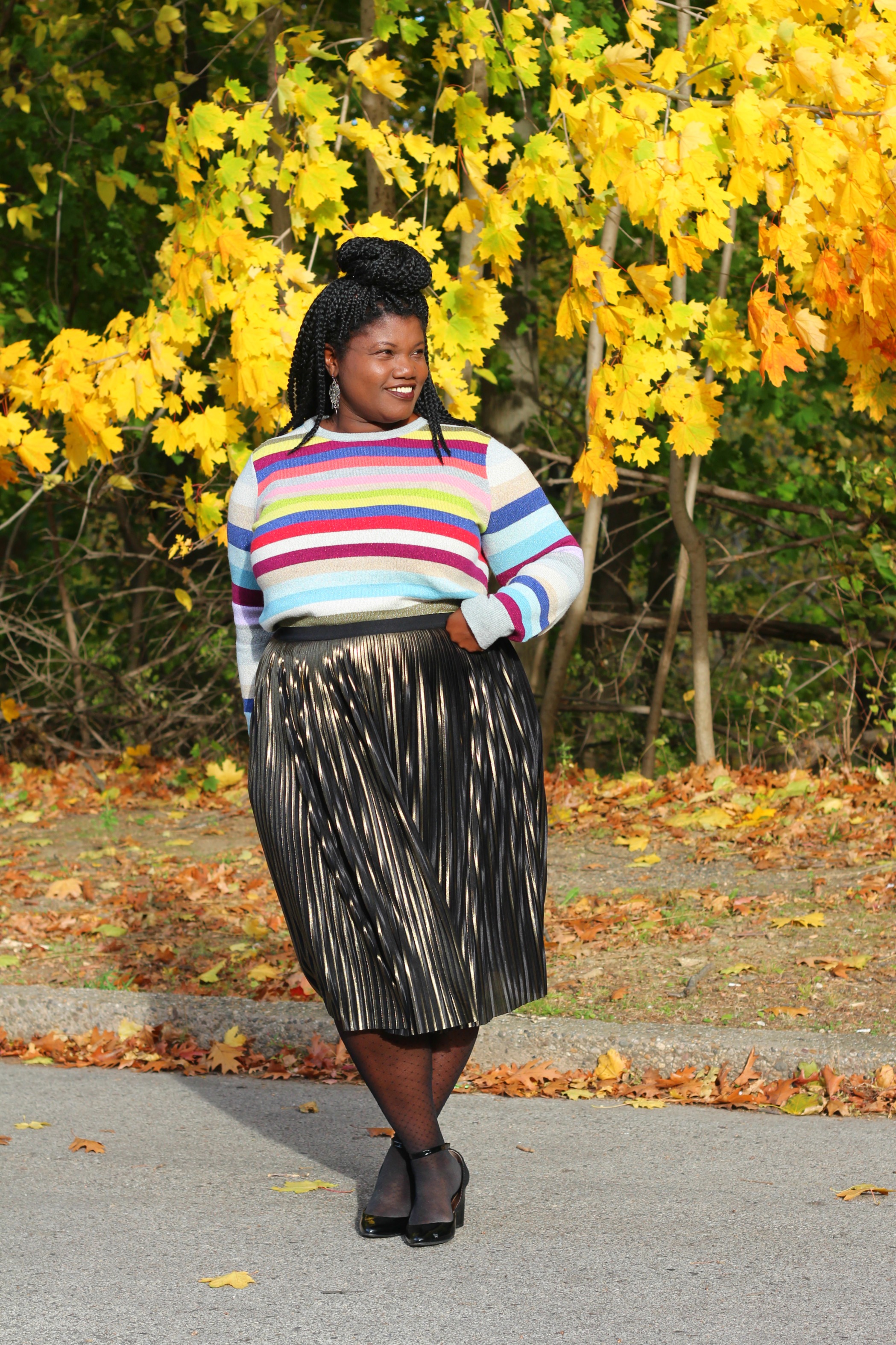 Thanksgiving Outfit: Striped Sweater + Metallic Skirt